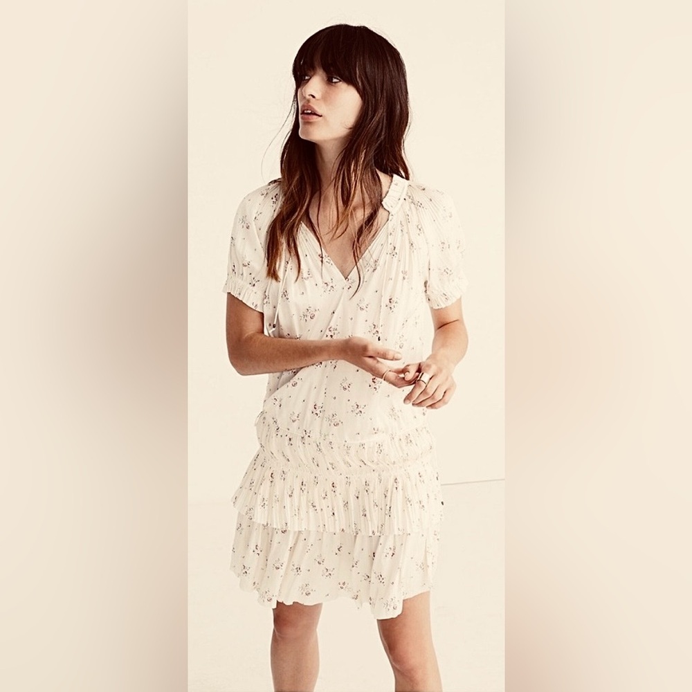 Ulla Johnson Nora Mini Dress tiered & pleated Floral Pink Roses on cream size 4